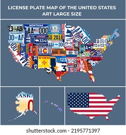 Complete Set 51 United States License Plates - All 51 USA States, Special Design And Regulation For All States, Car numbers of vehicle registration in USA states (abstract numbers) with USA map