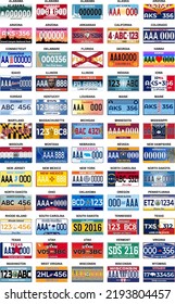 Complete Set 60 United States License Plates - All 60 USA States, Special Design And Regulation For All States, Car numbers of vehicle registration in USA states (abstract numbers)