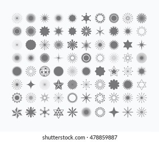 Complete set of 80 stars, flowers, sunbeams, snowflakes, signs and symbols icons on white background