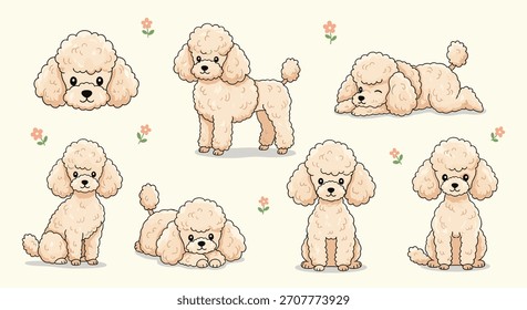 Un conjunto completo de adorables ilustraciones de dibujos animados poodle en varias poses lindas, incluyendo sentarse acostado y un tiro a la cabeza.