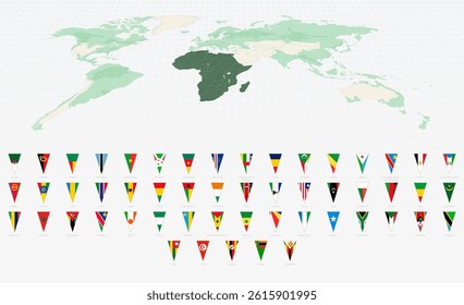 Complete Set of African Country Flags in Vertical Triangle Format. Vector World Map.