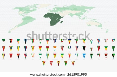 Complete Set of African Country Flags in Vertical Triangle Format. Vector World Map.