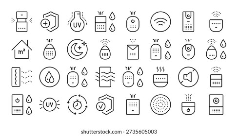 Complete set of air purifier and humidifier icons in simple line style with editable stroke. Home climate devices for air purification and moisture control, designed for use in web design templates, tech infographics, and appliance logos.