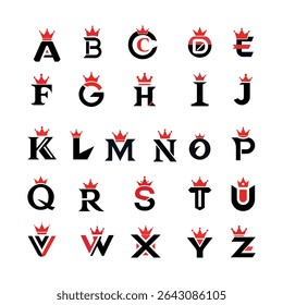 A complete set of alphabet letters, each adorned with a red crown. Isolated on a white background, these are perfect for royal themed designs. 