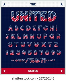 Complete set of alphabet, numbers, punctuation, and mathematical symbols in  stylized national flag USA. CMYK