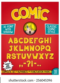 Complete set of alphabets and punctuation marks in comic style. Retro design as magazine cover. Vector CMYK