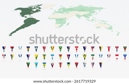 Complete Set of American Country Flags in Vertical Triangle Format. Vector World Map.