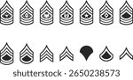 A complete set of army ranks from private to the highest rank of sergeant, a set of icons of military army ranks in black.