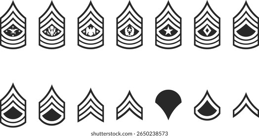 Um conjunto completo de fileiras do exército, do privado ao mais alto posto de sargento, um conjunto de ícones de fileiras do exército militar em preto.