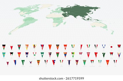 Complete Set of Asian Country Flags in Vertical Triangle Format. Vector World Map.