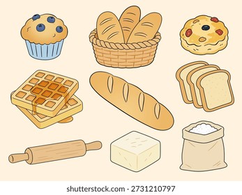 Um conjunto completo de ícones de padaria, incluindo pão, baguete, muffin, waffles, farinha, rolo, manteiga e scone. Ilustrações essenciais de alimentos para o café da manhã em estilo cartoon