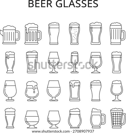 Complete Set of Beer Glasses and Mugs Line Icons, Showcasing Different Types of Barware for Craft and Lager Beverages.