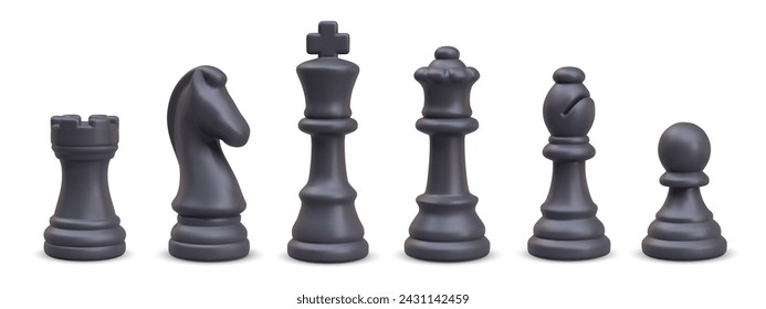 Complete set of black chess pieces lined up in row. 3D king, queen, pawn, knight, officer, rook