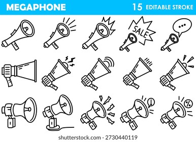 Conjunto completo de megafone de contorno preto e ícones de linha bullhorn com traço editável. Inclui conceitos de anúncio, promoção, vendas, alerta, notificação, som e comunicação. Estilo de arte de linha mínimo adequado para marketing, publicidade, negócios, mídia social e design de interface do usuário.