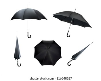 Complete set of black umbrellas, isolated on white background