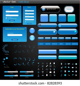 Complete set of blue web items on a dark background.