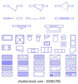 Complete Set Of Blueprint Icons And Symbols Used By Architects And Designers In The Production Of Plans And Documents.