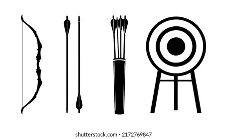 complete set of bow and arrow silhouette, archery vector icon