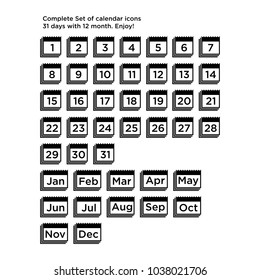 Complete Set of calendar icons 31 days with 12 month