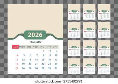 Un conjunto completo de páginas de calendario para el año 2026, con los doce meses en un diseño de Vector limpio y profesional. Ideal para las necesidades de planificación y programación.