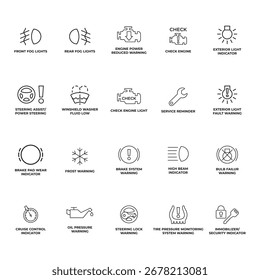 Um conjunto completo de ícones de aviso e indicadores do painel de controle do carro.