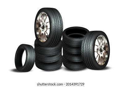 Complete set of car wheels with alloy rims and new tires realistic composition vector illustration