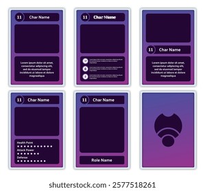 complete set of card game templates with gamer theme and pink and purple gradation colors for game materials and printed card games