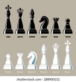 Complete set of chess pieces in black and white. Isolated on monochrome background. Only free font used.