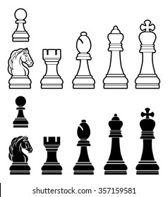 A complete set of chess pieces in black and white