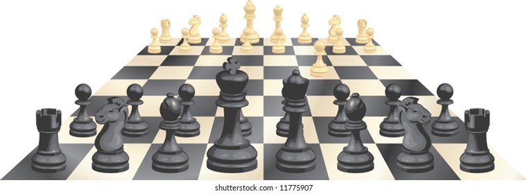 A complete set of chess pieces and board just after the start of a game