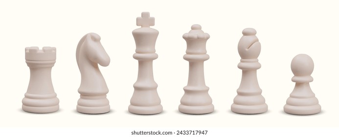 Complete set of chess pieces lined up in row. Realistic rook, knight, king, queen, knight, pawn