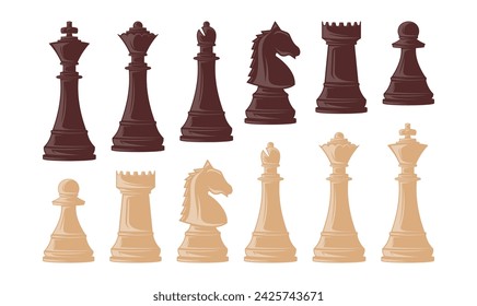 A complete set of chess pieces. Set for playing chess. Chess pieces isolated on a white background. Vector illustration, eps 10. Chess piece silhouette.