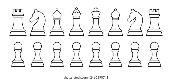 A complete set of chessboard pieces illustrated in a line style vector graphic
