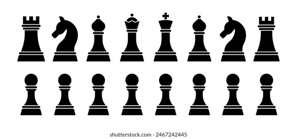 A complete set of chessboard pieces illustrated in a flat vector graphic style