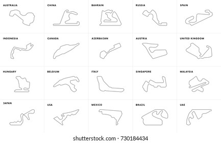 Complete set of circuits for F1 2017 season. Vector illustration.