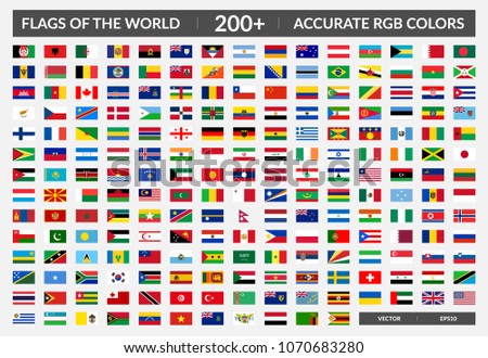 Complete set of country flags - 200+ states, with accurate official RGB colors. Vector EPS10 Illustration.
