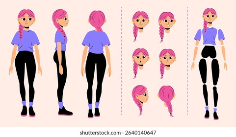 Complete set for creating a female character with several faces and limbs for animation kit and creative design. Female character ready for animation with pink hair and braid