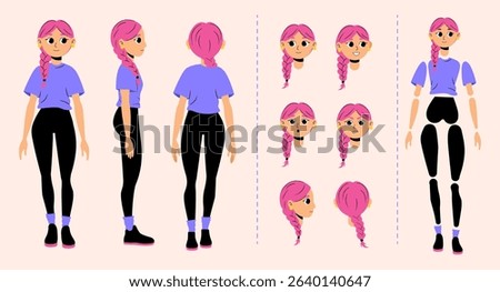Complete set for creating a female character with several faces and limbs for animation kit and creative design. Female character ready for animation with pink hair and braid