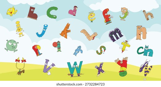 A complete set of creative English alphabet letters personified as funny cartoon characters. Each letter from A to Z features unique traits, faces, and outfits, set against a bright sunny meadow and sky background. Ideal for nursery posters, children's books, school teaching materials, and educational decor.