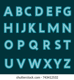 A complete set of cyan letters with a relief surface. The edges of the letters are made with thin wire. Font is isolated by a dark cyan background. Letters are made in 3D shapes. Vector illustration.