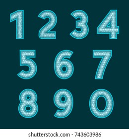 A complete set of cyan numbers with a relief surface. The edges of the numbers are made with thin wire. Font is isolated by a dark cyan background. Letters are made in 3D shapes. Vector illustration.