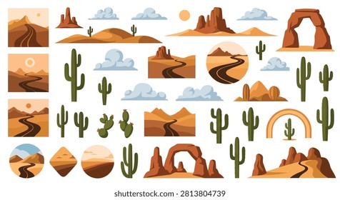 Complete set of desert landscape elements featuring cactus, red rock arches, winding roads, clouds, and hot sun.