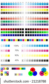 Complete set of Desktop publishing graphic symbol utilities; good for printing tests. In detail: Registration marks, four process ramps and thickness ramps.