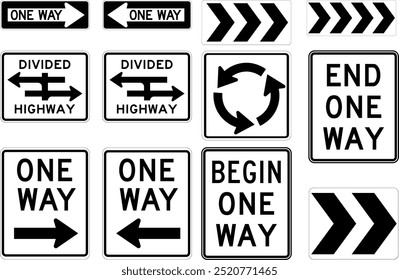 Conjunto completo de señales de tráfico direccionales: una vía, autopista dividida, glorieta, chevrones y circulación de tráfico para una navegación vial eficiente. Iniciar sesión de carreteras de los Estados Unidos.