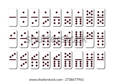 Complete set of domino tiles vector, 28 pieces double-six dominoes collection, flat style board game elements isolated on white.