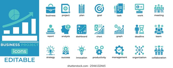 Complete set of editable business project icons for reports, plans, dashboards, and teamwork. Enhance productivity and professional projects