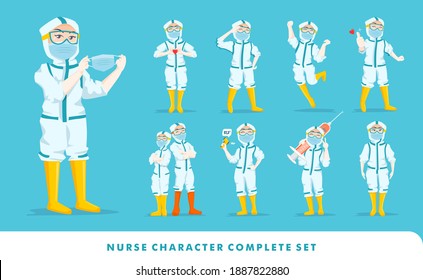 Complete Set Of Expressive Nurse Character Illustration Wearing Ppe Hazmat Suit With Different Posture And Gesture 