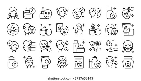 Complete set of face masks and skin care in thin outline style with editable stroke. Designed for cosmetic packaging design, beauty app interfaces, spa treatment advertising, and cosmetic product promotion.