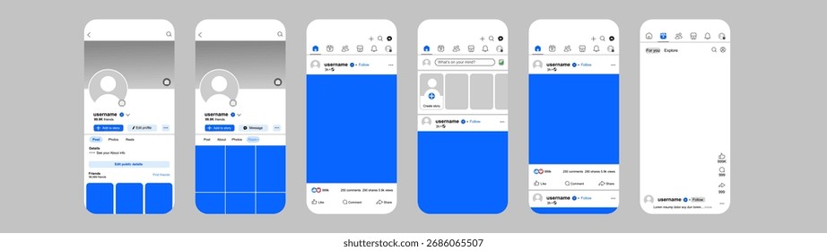 Conjunto completo de mockups móveis do Facebook com vários perfis e layouts de feed, tela de pesquisa dedicada e elementos de UI