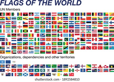 Complete set of flags of every country in the world with all 193 UN members and other organizations, dependencies and territories included with standardized size.